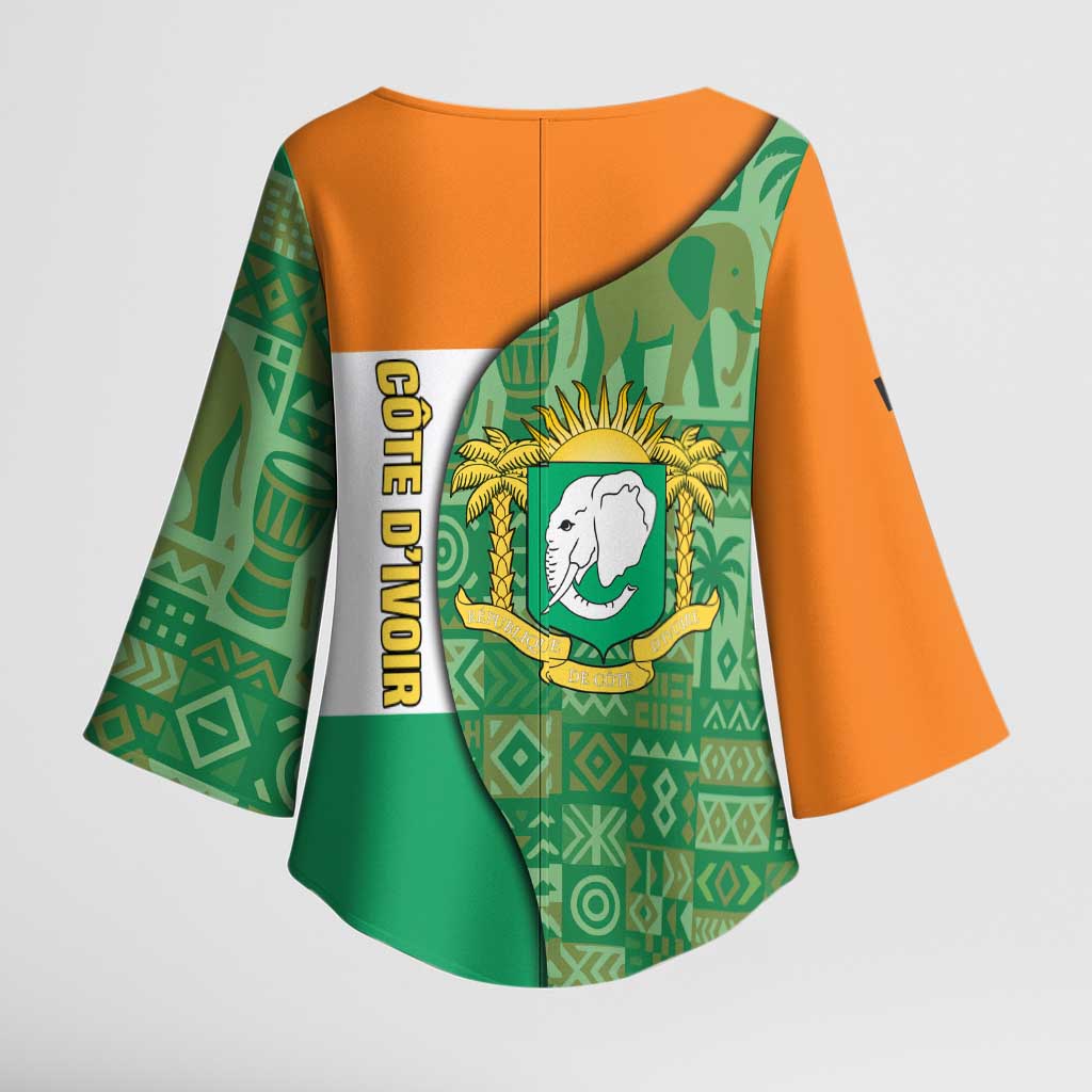 Ivory Coast Kimono Sleeve Blouse with Elephant Crest and Tribal Pattern Design - Wonder Print Shop