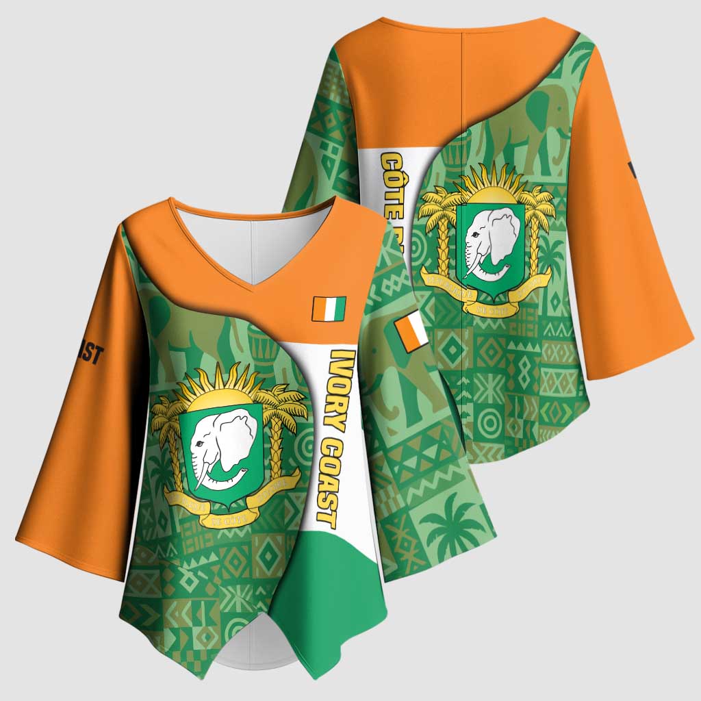 Ivory Coast Kimono Sleeve Blouse with Elephant Crest and Tribal Pattern Design - Wonder Print Shop