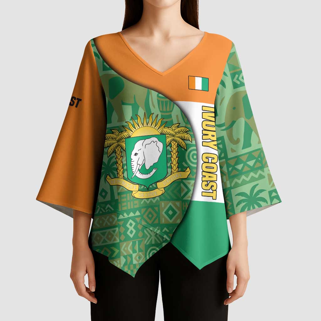 Ivory Coast Kimono Sleeve Blouse with Elephant Crest and Tribal Pattern Design - Wonder Print Shop