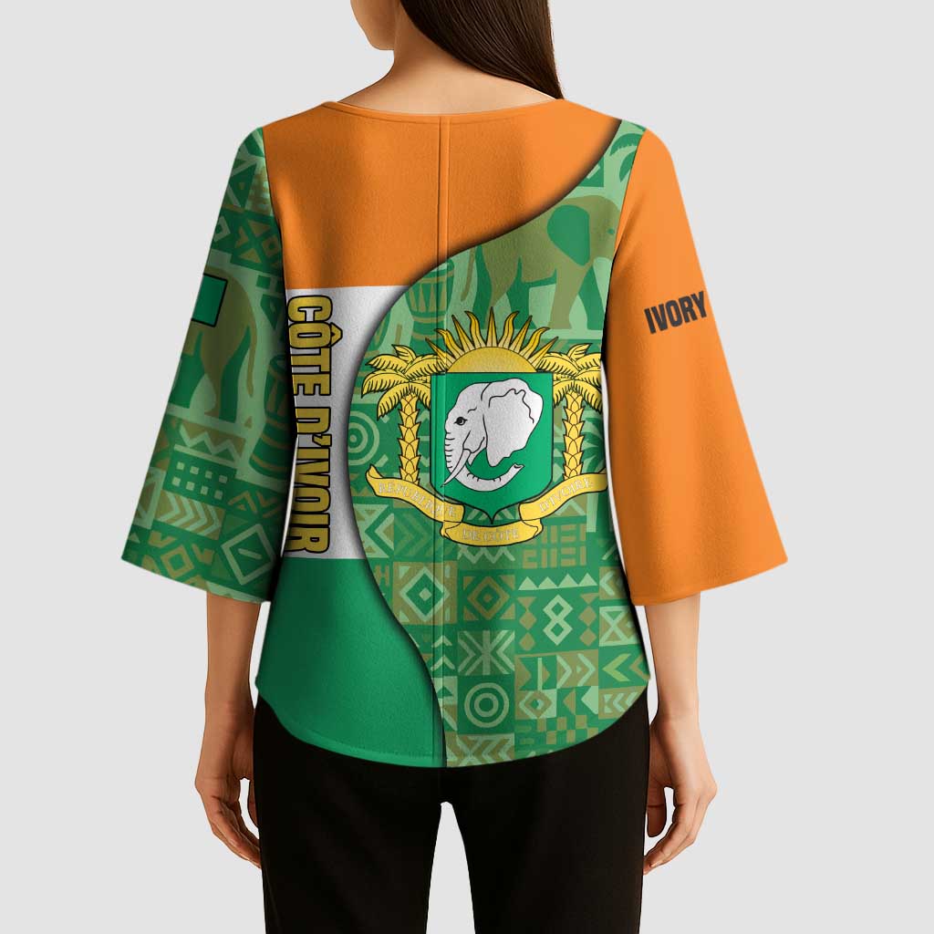 Ivory Coast Kimono Sleeve Blouse with Elephant Crest and Tribal Pattern Design - Wonder Print Shop