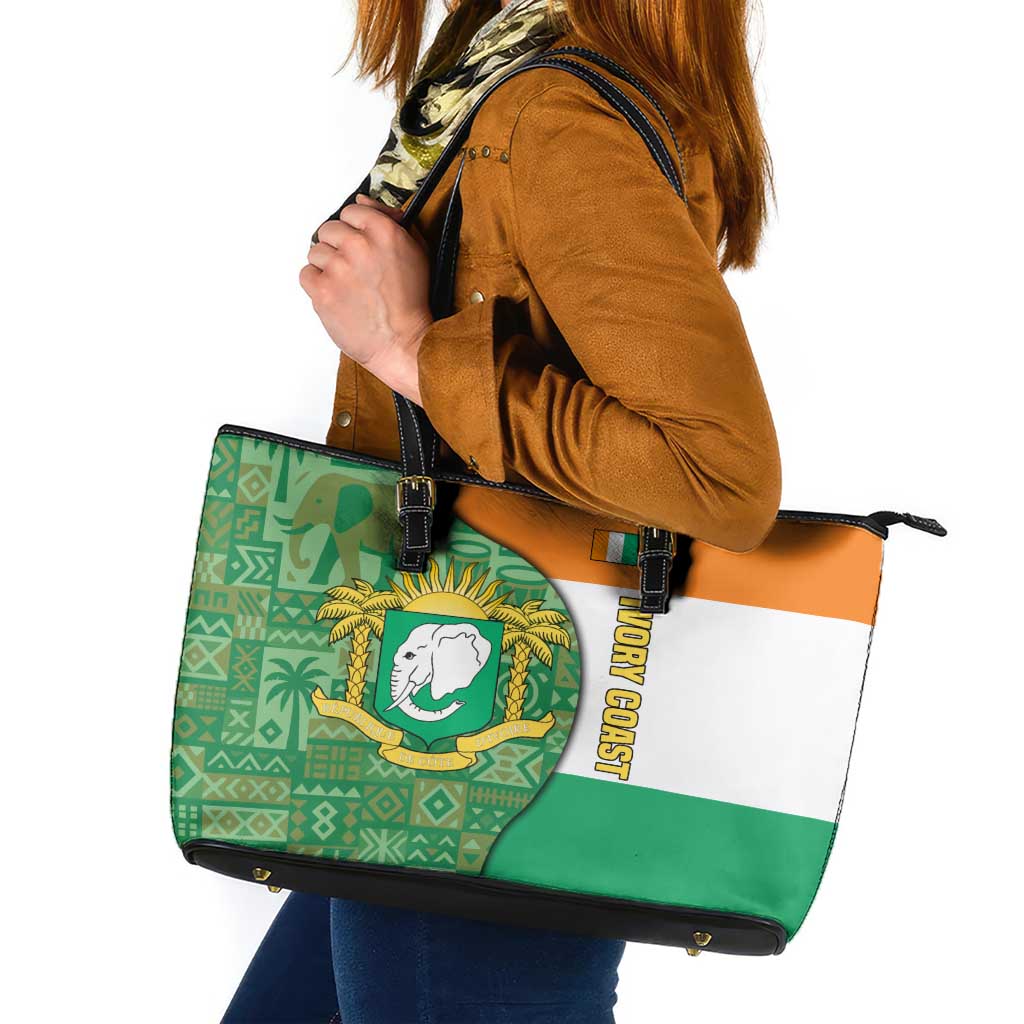 Ivory Coast Leather Tote Bag with Elephant Crest and Tribal Pattern Design - Wonder Print Shop