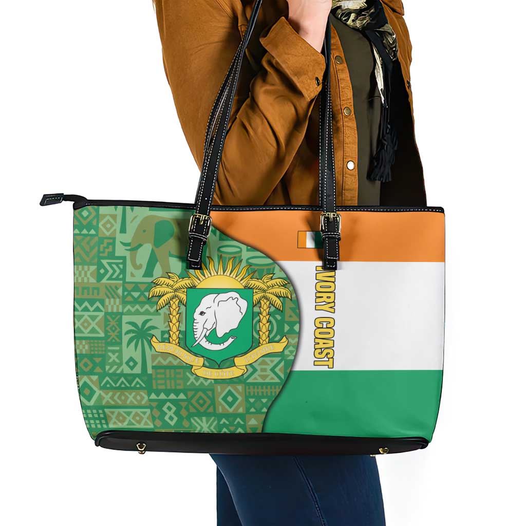 Ivory Coast Leather Tote Bag with Elephant Crest and Tribal Pattern Design - Wonder Print Shop
