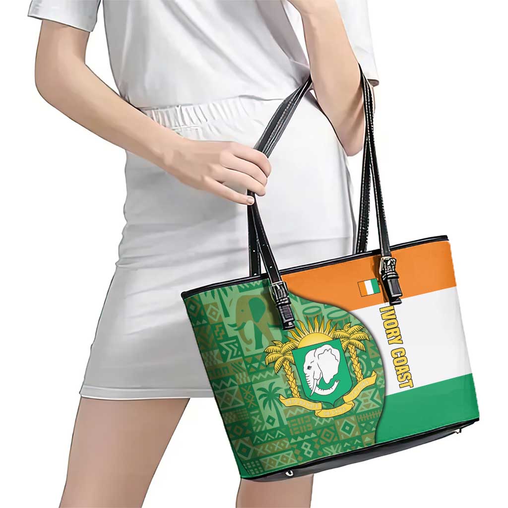 Ivory Coast Leather Tote Bag with Elephant Crest and Tribal Pattern Design - Wonder Print Shop
