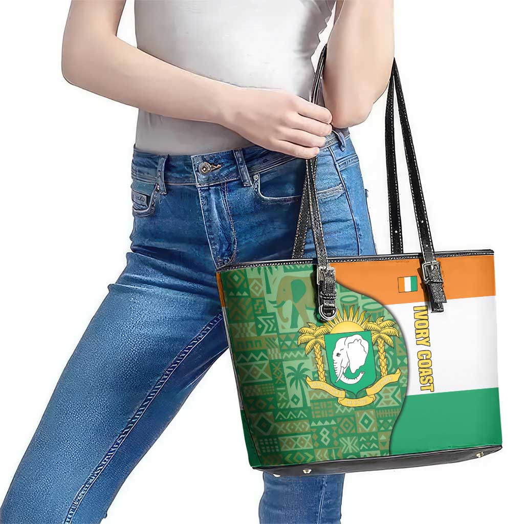 Ivory Coast Leather Tote Bag with Elephant Crest and Tribal Pattern Design - Wonder Print Shop