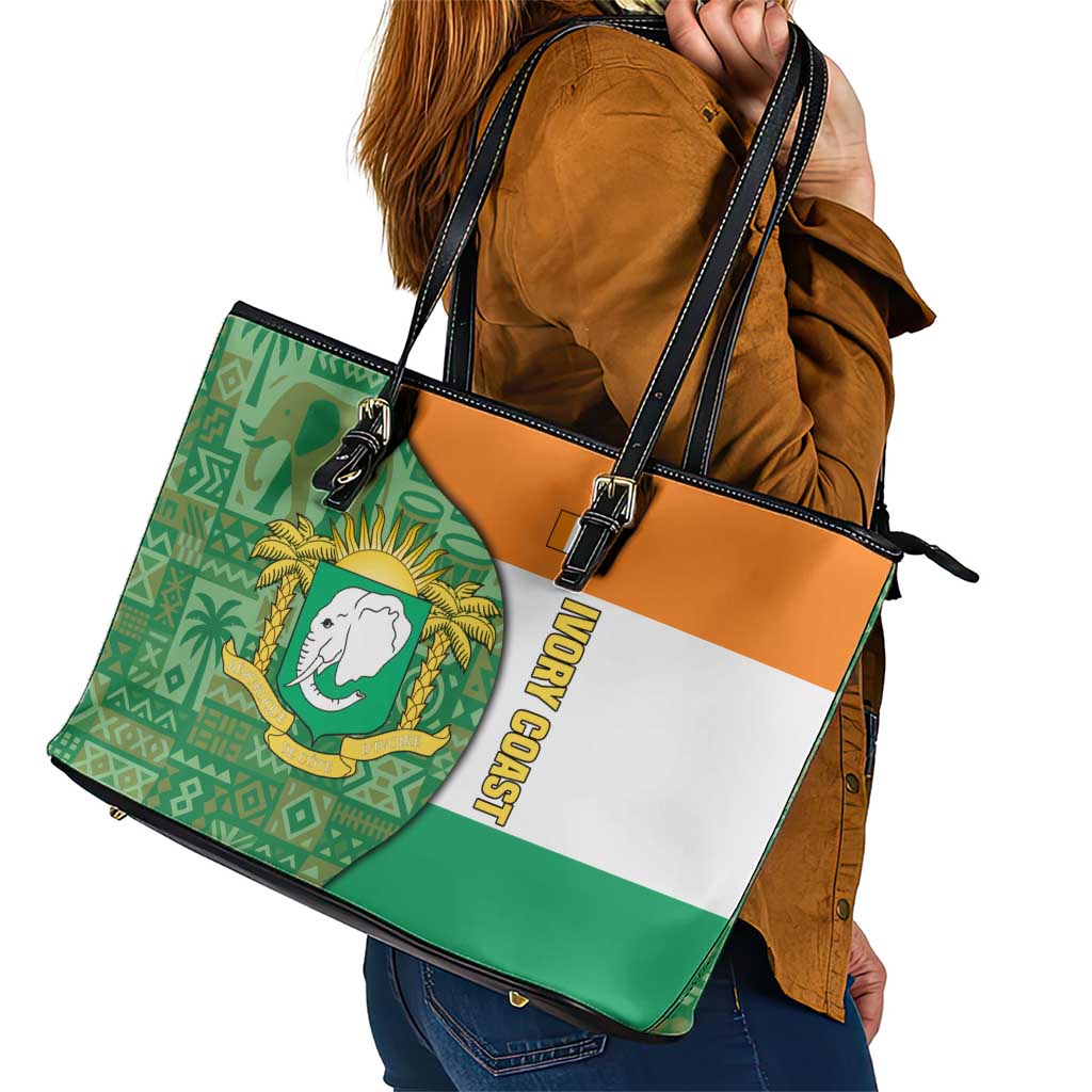 Ivory Coast Leather Tote Bag with Elephant Crest and Tribal Pattern Design - Wonder Print Shop