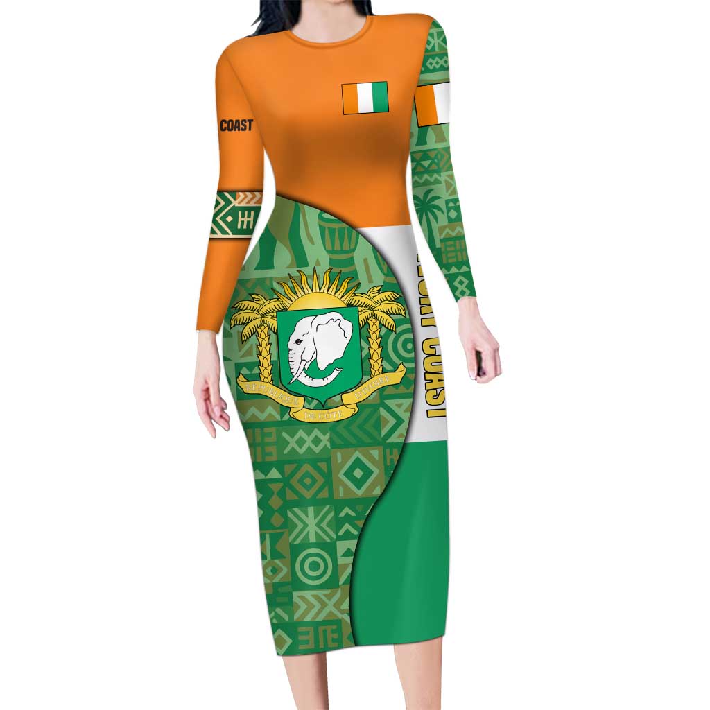 Ivory Coast Long Sleeve Bodycon Dress with Elephant Crest and Tribal Pattern Design - Wonder Print Shop