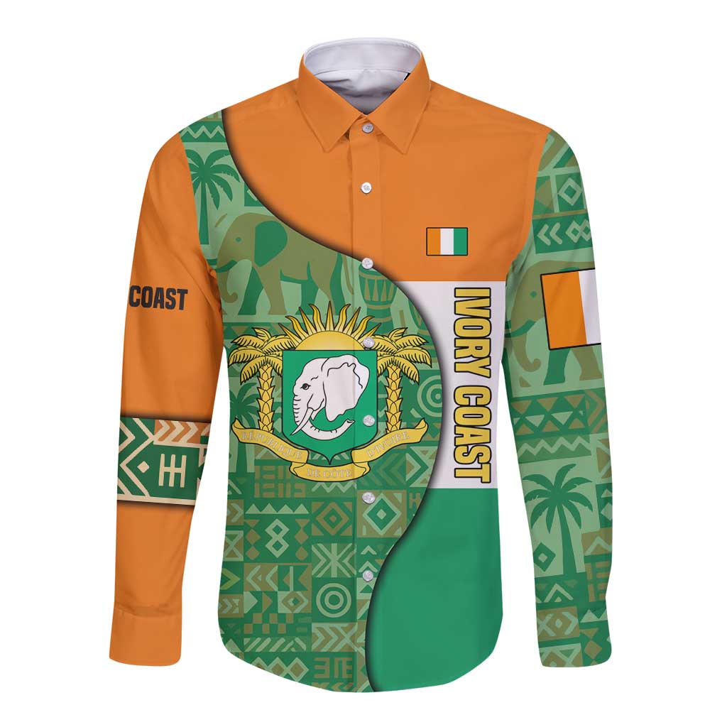 Ivory Coast Long Sleeve Button Shirt with Elephant Crest and Tribal Pattern Design - Wonder Print Shop