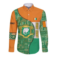 Ivory Coast Long Sleeve Button Shirt with Elephant Crest and Tribal Pattern Design - Wonder Print Shop
