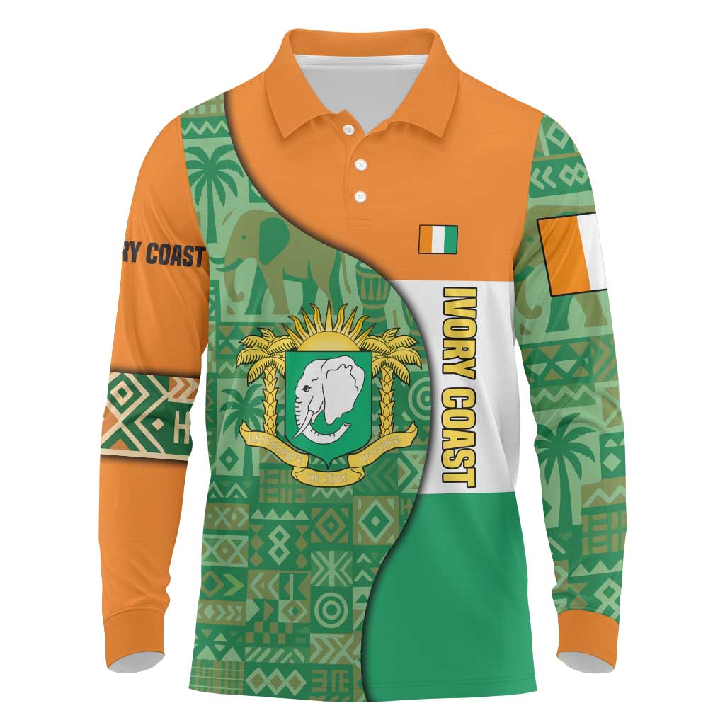 Ivory Coast Long Sleeve Polo Shirt with Elephant Crest and Tribal Pattern Design - Wonder Print Shop