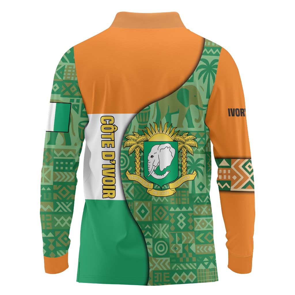 Ivory Coast Long Sleeve Polo Shirt with Elephant Crest and Tribal Pattern Design - Wonder Print Shop