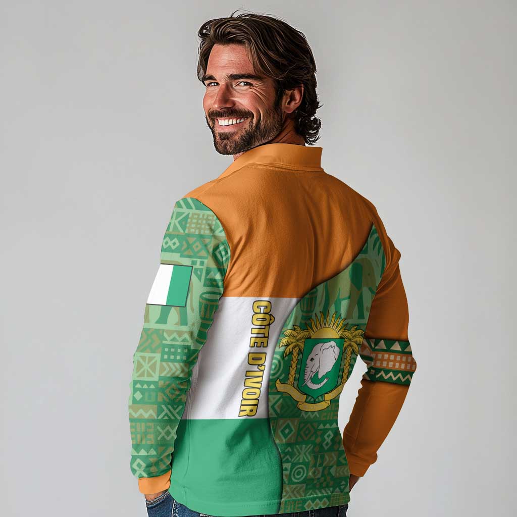 Ivory Coast Long Sleeve Polo Shirt with Elephant Crest and Tribal Pattern Design - Wonder Print Shop