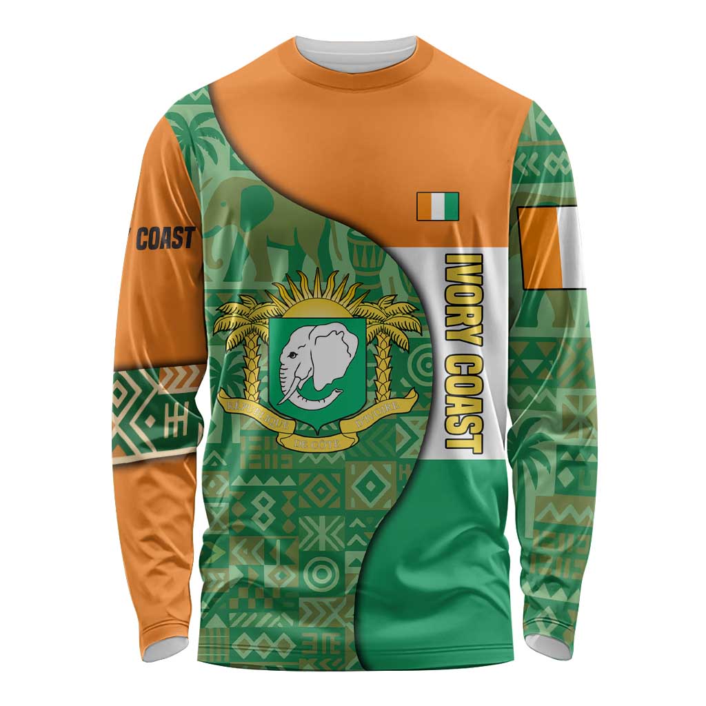 Ivory Coast Long Sleeve Shirt with Elephant Crest and Tribal Pattern Design - Wonder Print Shop