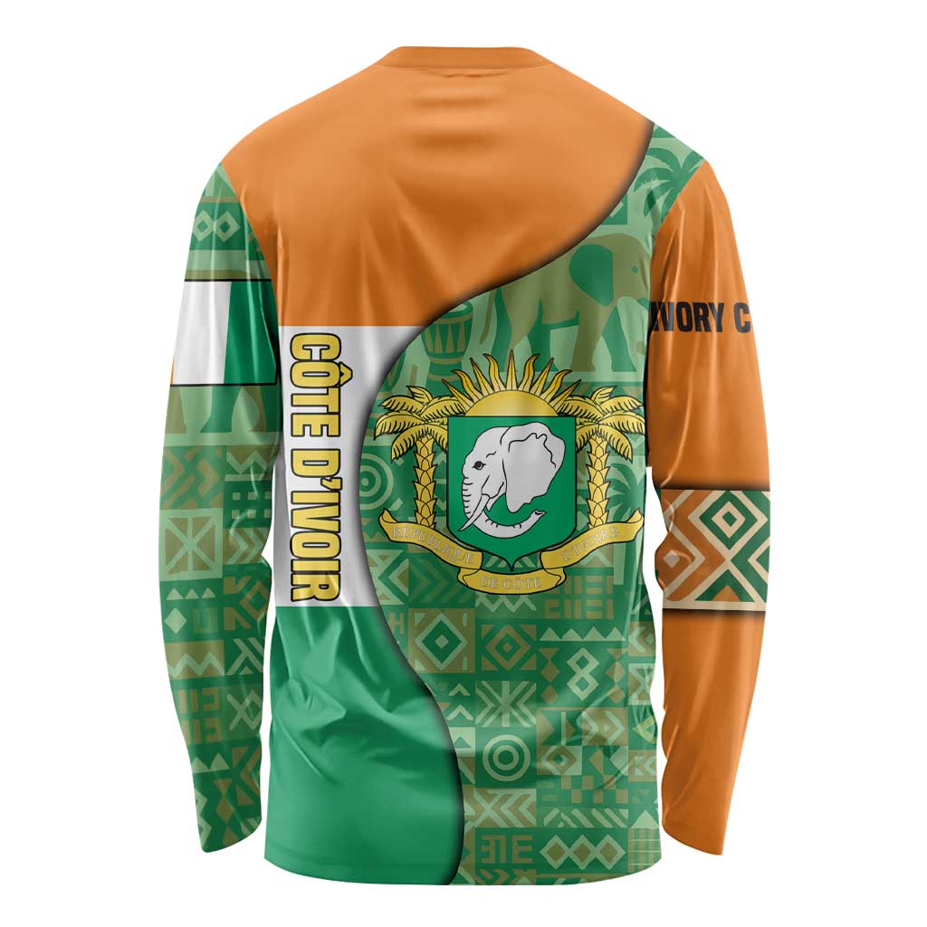 Ivory Coast Long Sleeve Shirt with Elephant Crest and Tribal Pattern Design - Wonder Print Shop