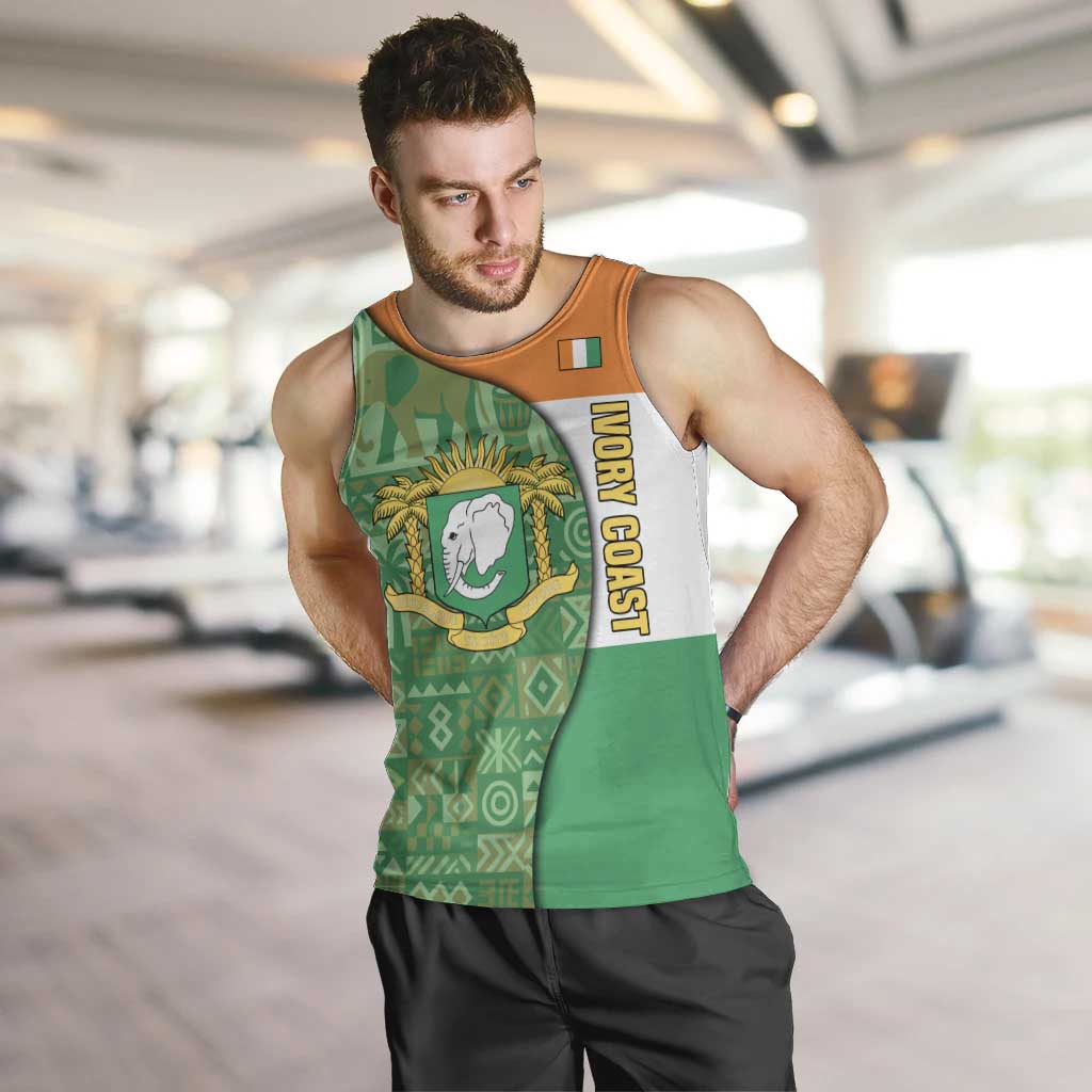 Ivory Coast Men Tank Top with Elephant Crest and Tribal Pattern Design - Wonder Print Shop