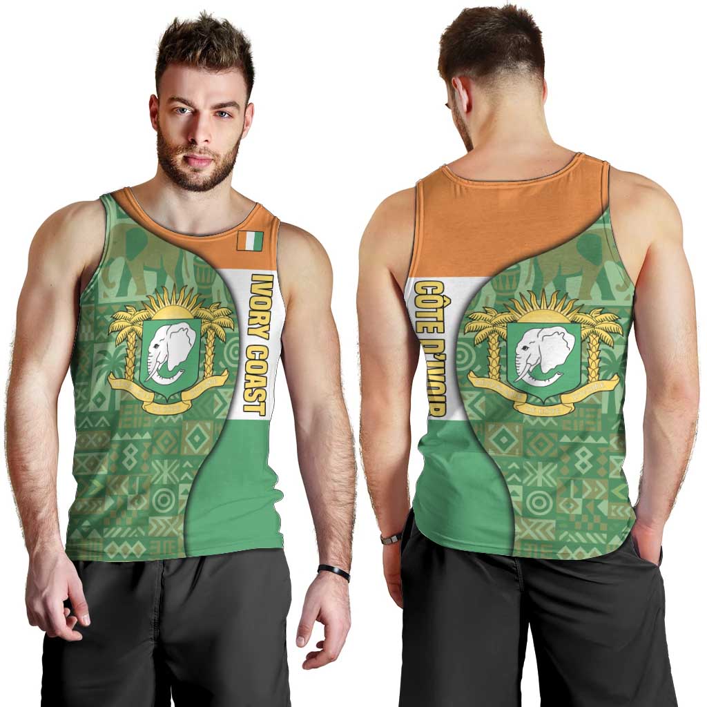 Ivory Coast Men Tank Top with Elephant Crest and Tribal Pattern Design - Wonder Print Shop