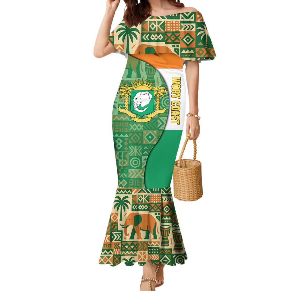 Ivory Coast Mermaid Dress with Elephant Crest and Tribal Pattern Design - Wonder Print Shop