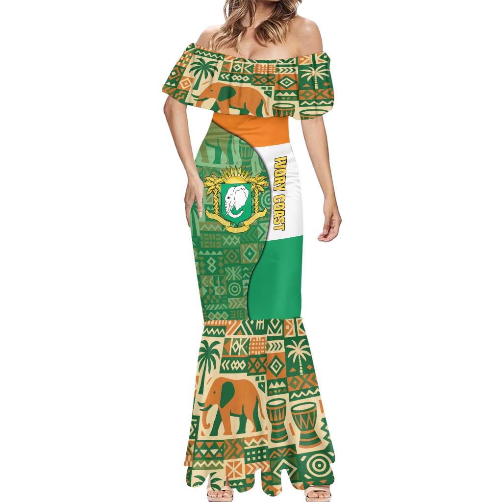 Ivory Coast Mermaid Dress with Elephant Crest and Tribal Pattern Design - Wonder Print Shop