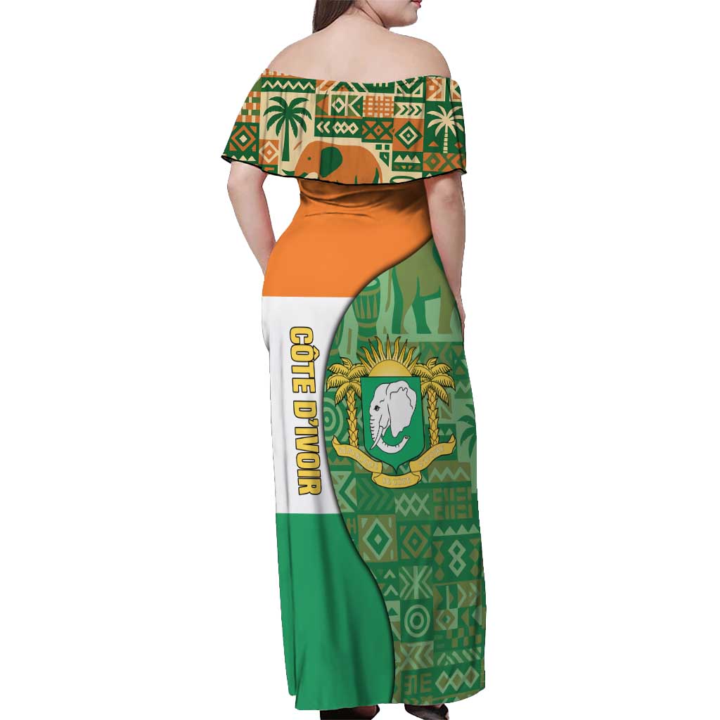 Ivory Coast Off Shoulder Maxi Dress with Elephant Crest and Tribal Pattern Design - Wonder Print Shop