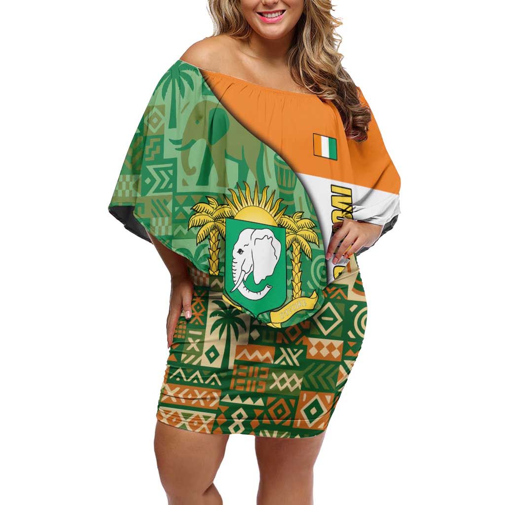 Ivory Coast Off Shoulder Short Dress with Elephant Crest and Tribal Pattern Design - Wonder Print Shop