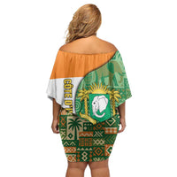 Ivory Coast Off Shoulder Short Dress with Elephant Crest and Tribal Pattern Design - Wonder Print Shop