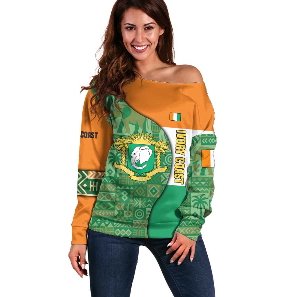 Ivory Coast Off Shoulder Sweater with Elephant Crest and Tribal Pattern Design - Wonder Print Shop
