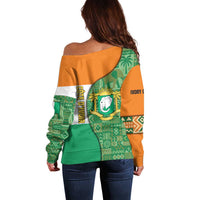 Ivory Coast Off Shoulder Sweater with Elephant Crest and Tribal Pattern Design - Wonder Print Shop