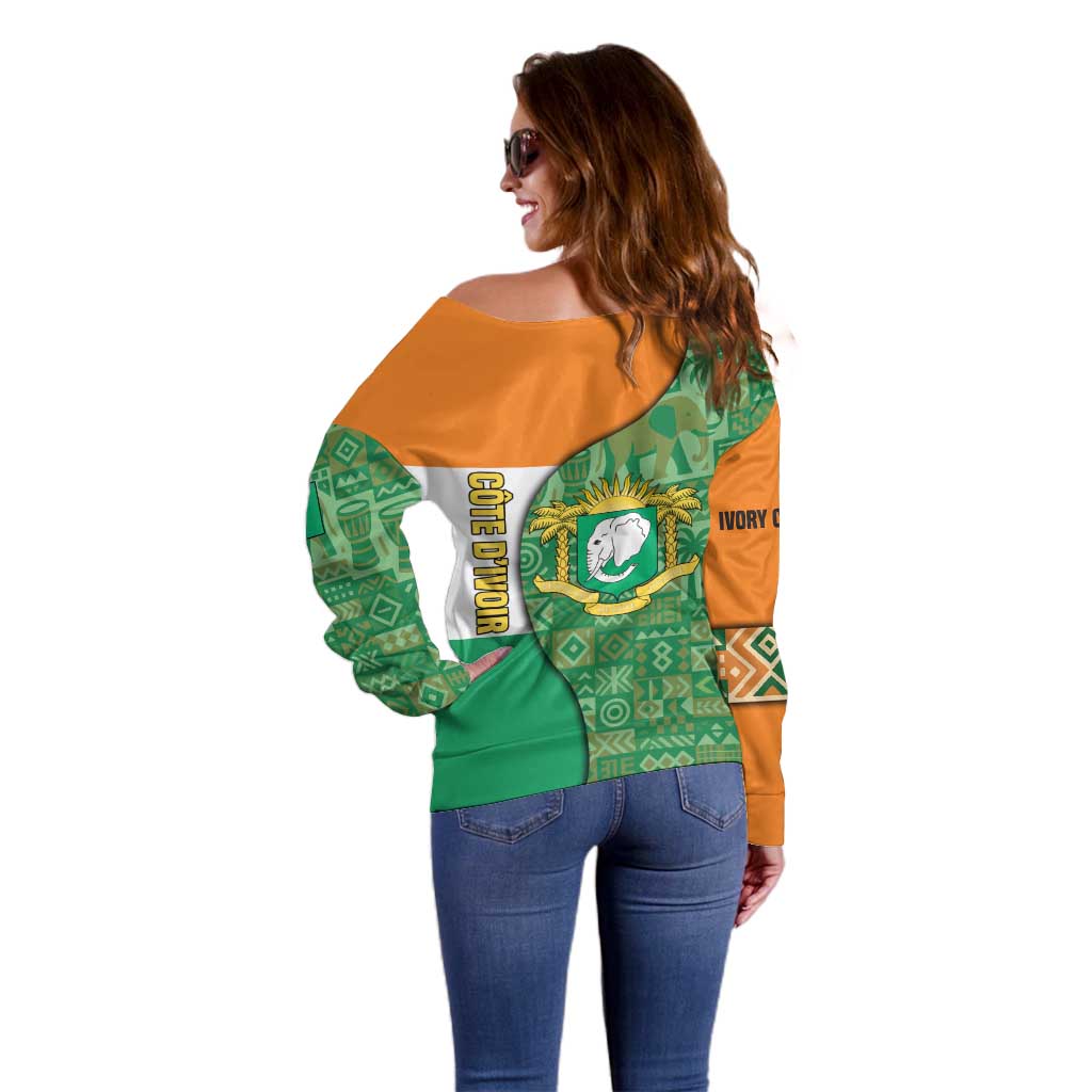 Ivory Coast Off Shoulder Sweater with Elephant Crest and Tribal Pattern Design - Wonder Print Shop