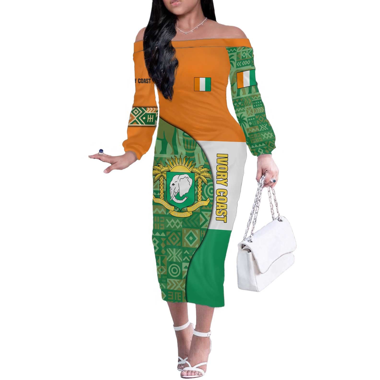 Ivory Coast Off The Shoulder Long Sleeve Dress with Elephant Crest and Tribal Pattern Design - Wonder Print Shop