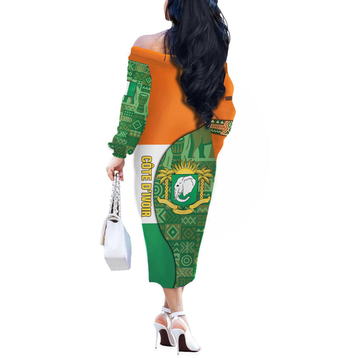 Ivory Coast Off The Shoulder Long Sleeve Dress with Elephant Crest and Tribal Pattern Design - Wonder Print Shop