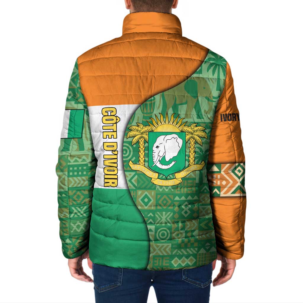 Ivory Coast Padded Jacket with Elephant Crest and Tribal Pattern Design - Wonder Print Shop