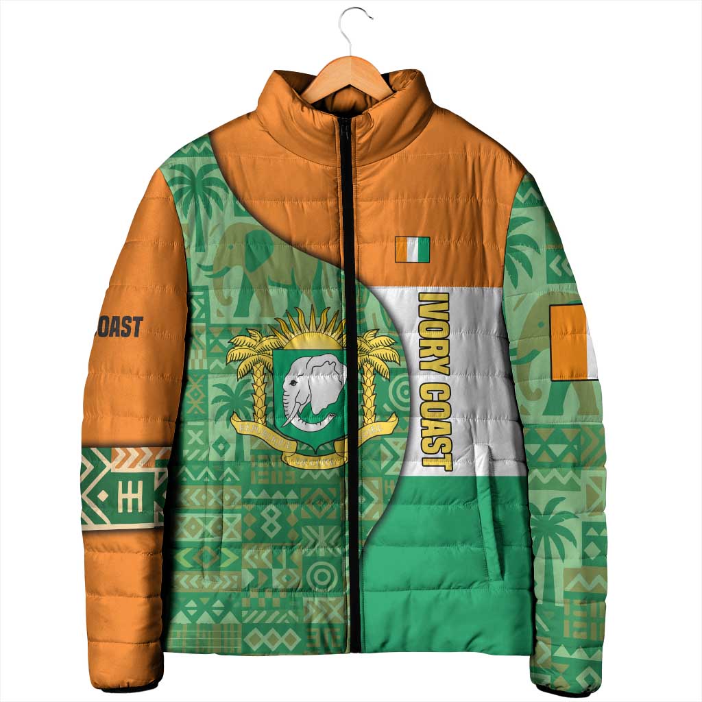 Ivory Coast Padded Jacket with Elephant Crest and Tribal Pattern Design - Wonder Print Shop