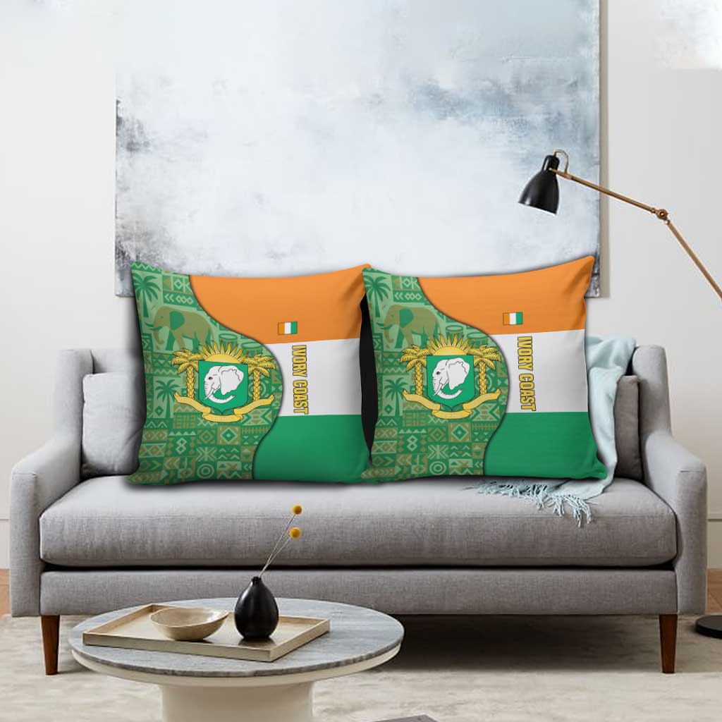 Ivory Coast Pillow Cover with Elephant Crest and Tribal Pattern Design - Wonder Print Shop