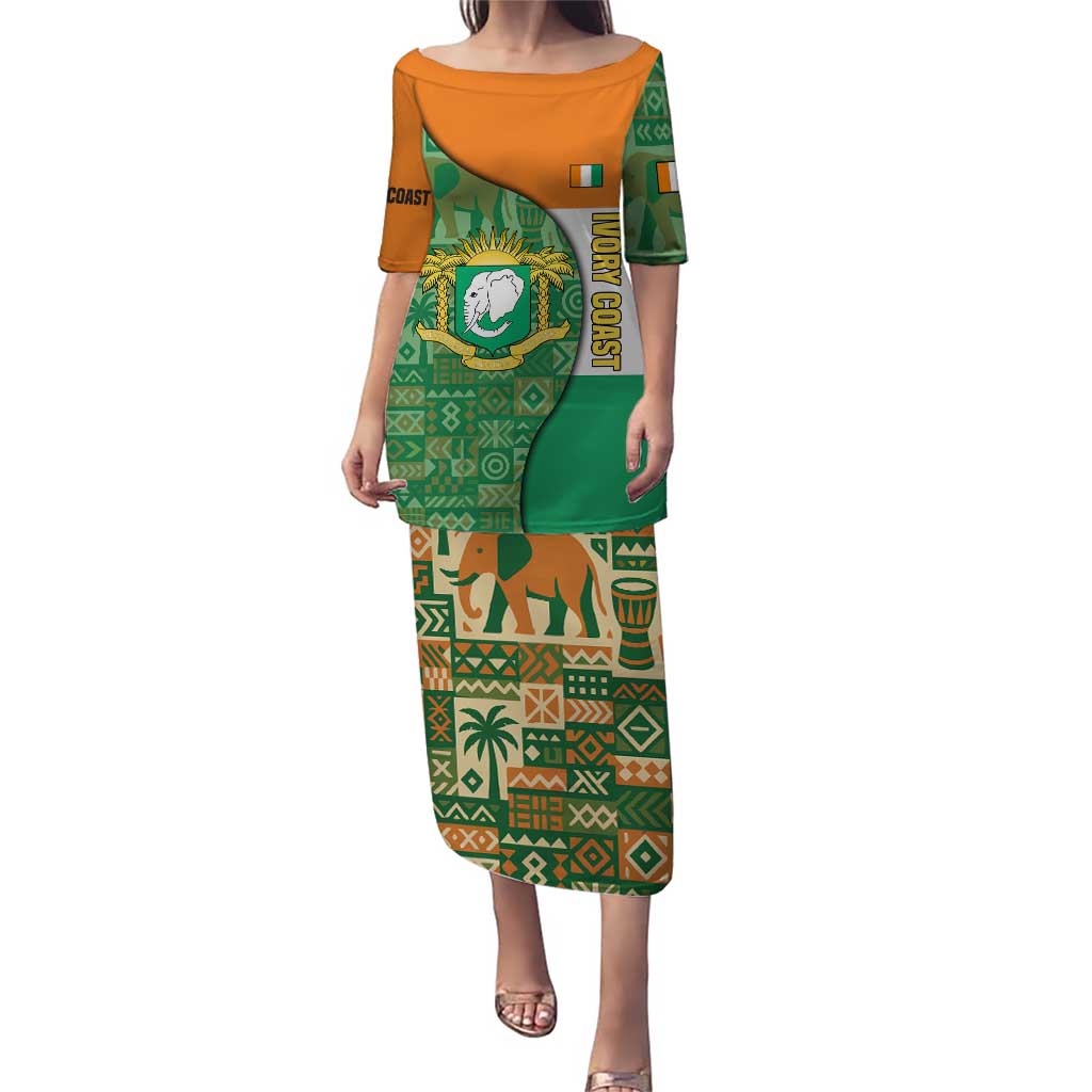 Ivory Coast Puletasi with Elephant Crest and Tribal Pattern Design - Wonder Print Shop