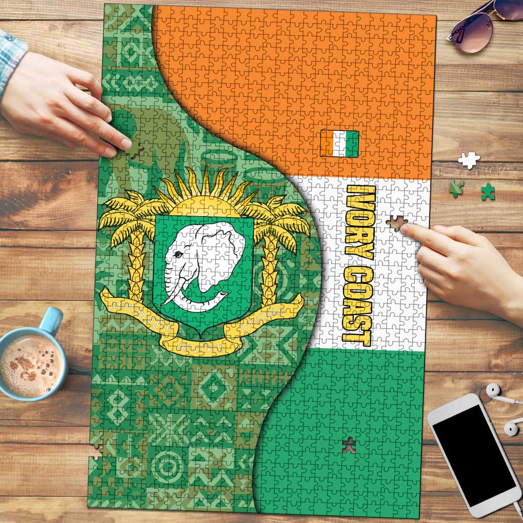 Ivory Coast Puzzle with Elephant Crest and Tribal Pattern Design - Wonder Print Shop