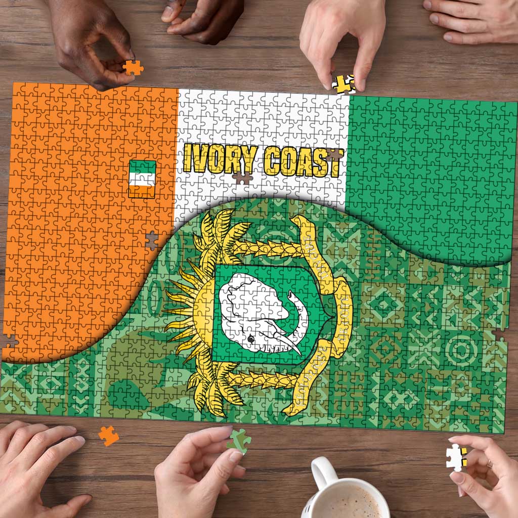 Ivory Coast Puzzle with Elephant Crest and Tribal Pattern Design - Wonder Print Shop