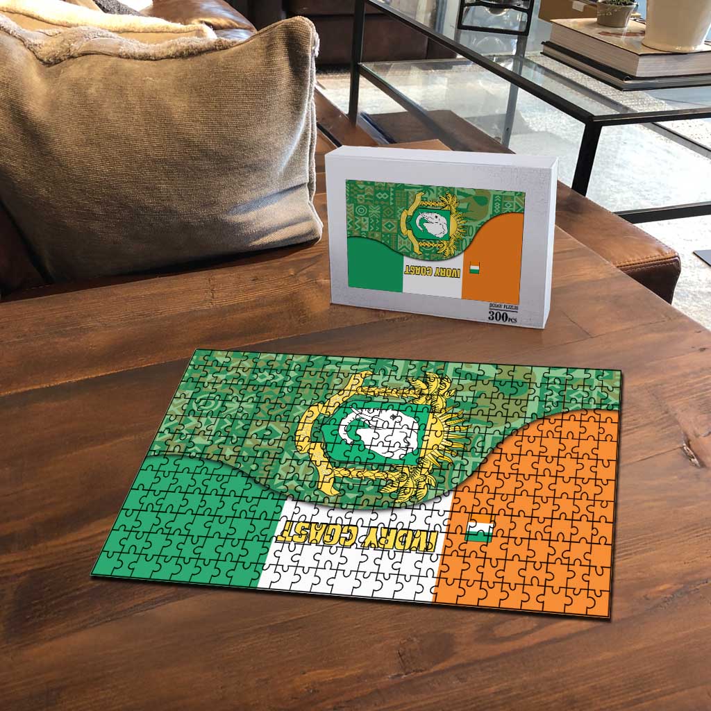 Ivory Coast Puzzle with Elephant Crest and Tribal Pattern Design - Wonder Print Shop