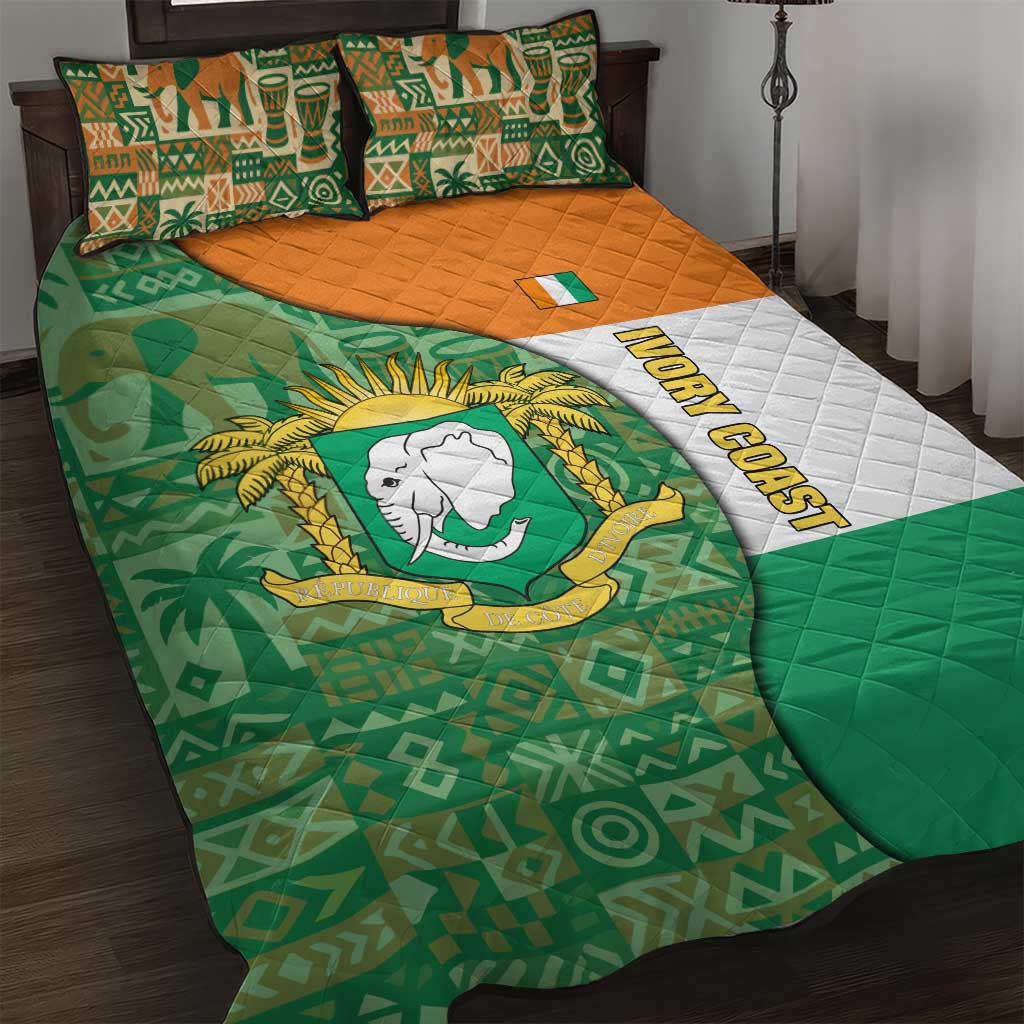 Ivory Coast Quilt Bed Set with Elephant Crest and Tribal Pattern Design - Wonder Print Shop