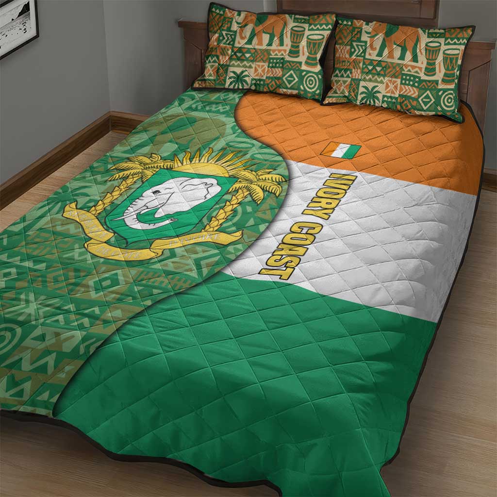 Ivory Coast Quilt Bed Set with Elephant Crest and Tribal Pattern Design - Wonder Print Shop