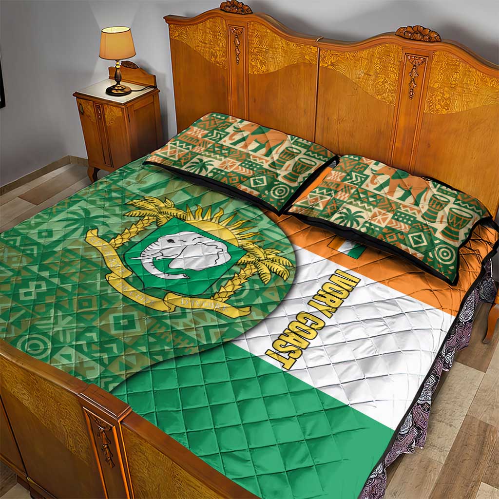 Ivory Coast Quilt Bed Set with Elephant Crest and Tribal Pattern Design - Wonder Print Shop