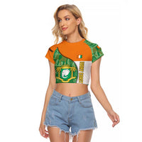 Ivory Coast Raglan Cropped T Shirt with Elephant Crest and Tribal Pattern Design - Wonder Print Shop