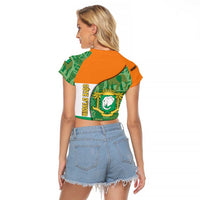 Ivory Coast Raglan Cropped T Shirt with Elephant Crest and Tribal Pattern Design - Wonder Print Shop