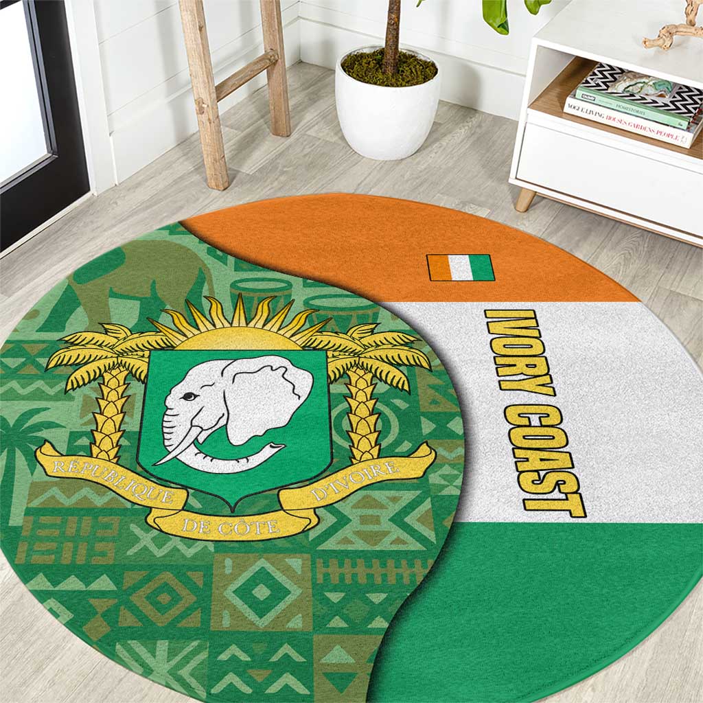 Ivory Coast Round Carpet with Elephant Crest and Tribal Pattern Design - Wonder Print Shop