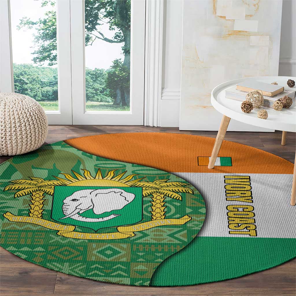 Ivory Coast Round Carpet with Elephant Crest and Tribal Pattern Design - Wonder Print Shop