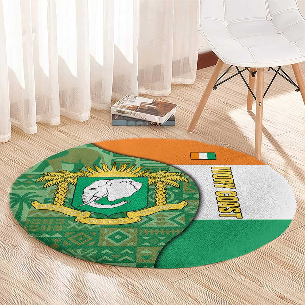 Ivory Coast Round Carpet with Elephant Crest and Tribal Pattern Design - Wonder Print Shop