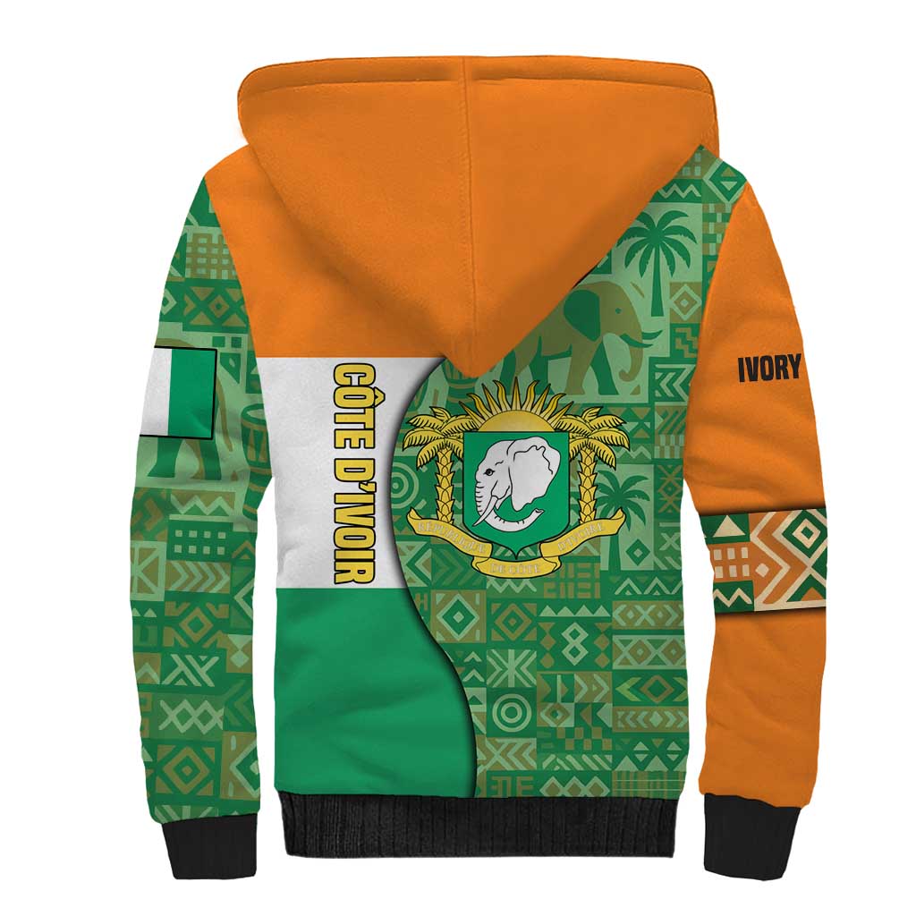 Ivory Coast Sherpa Hoodie with Elephant Crest and Tribal Pattern Design - Wonder Print Shop
