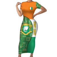 Ivory Coast Short Sleeve Bodycon Dress with Elephant Crest and Tribal Pattern Design - Wonder Print Shop