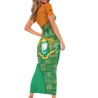 Ivory Coast Short Sleeve Bodycon Dress with Elephant Crest and Tribal Pattern Design - Wonder Print Shop