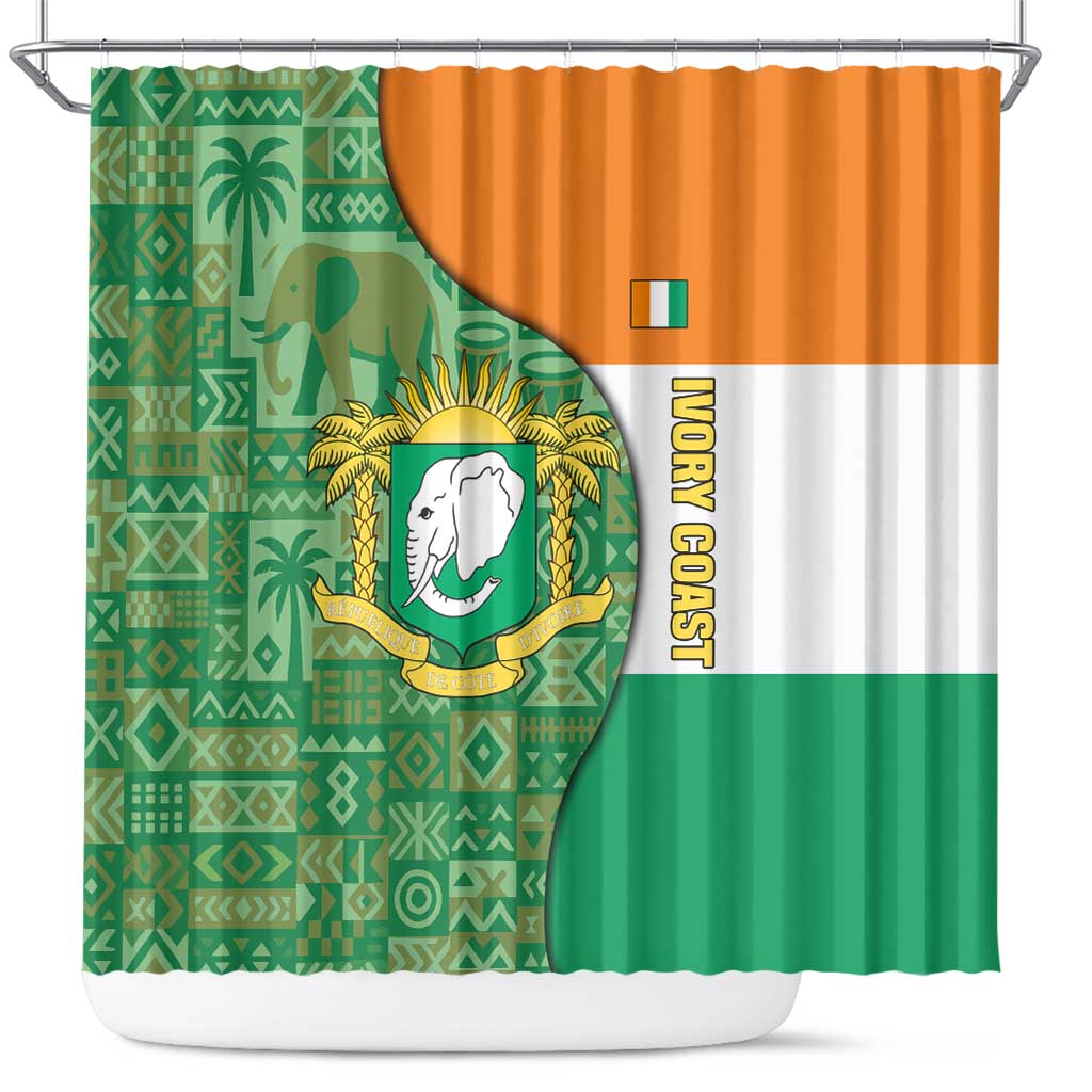 Ivory Coast Shower Curtain with Elephant Crest and Tribal Pattern Design - Wonder Print Shop