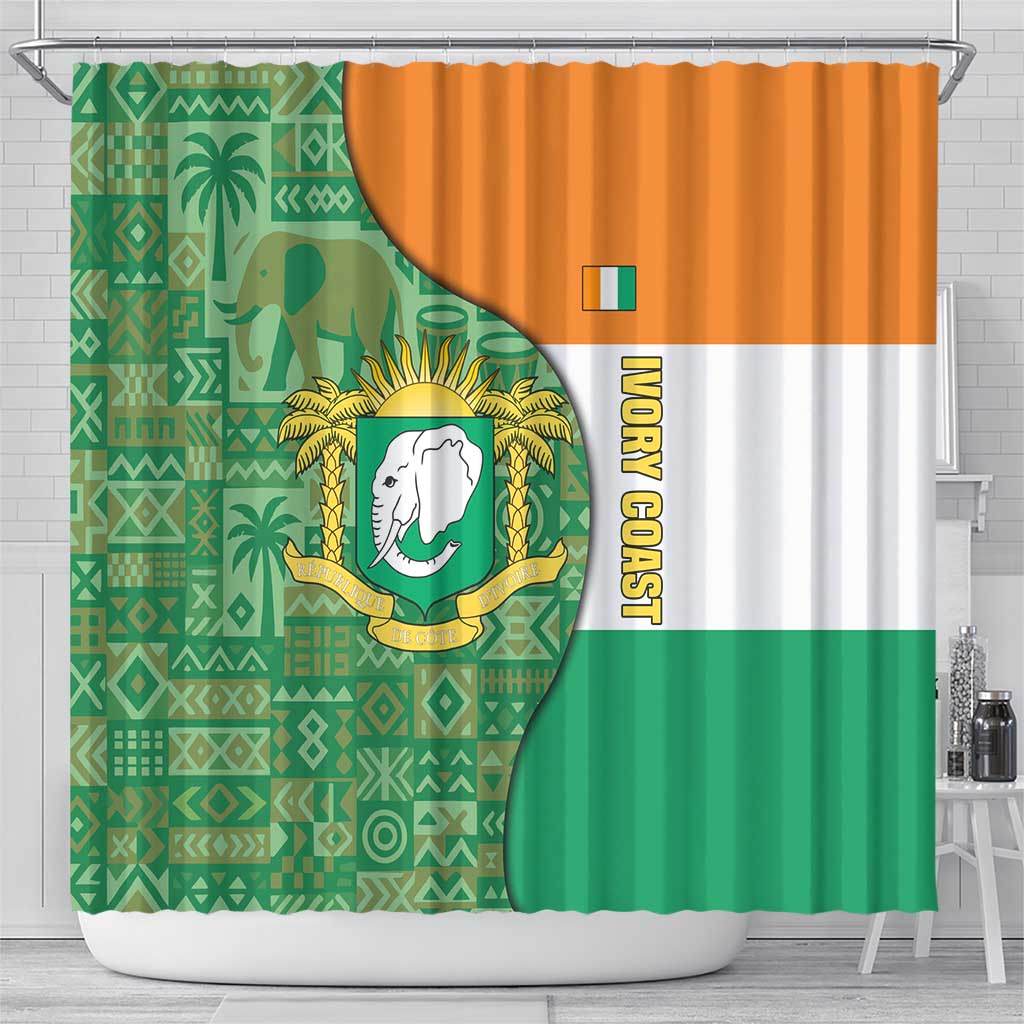 Ivory Coast Shower Curtain with Elephant Crest and Tribal Pattern Design - Wonder Print Shop