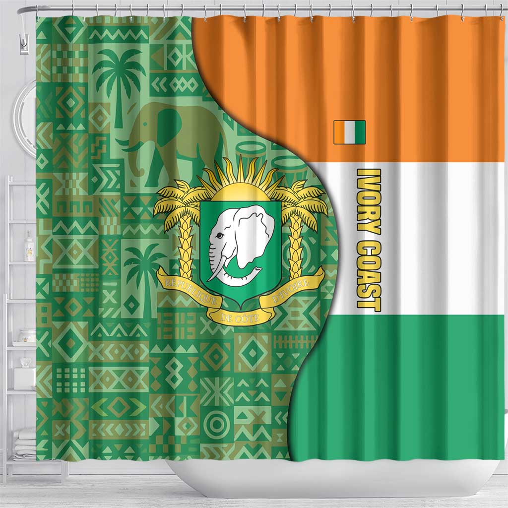 Ivory Coast Shower Curtain with Elephant Crest and Tribal Pattern Design - Wonder Print Shop